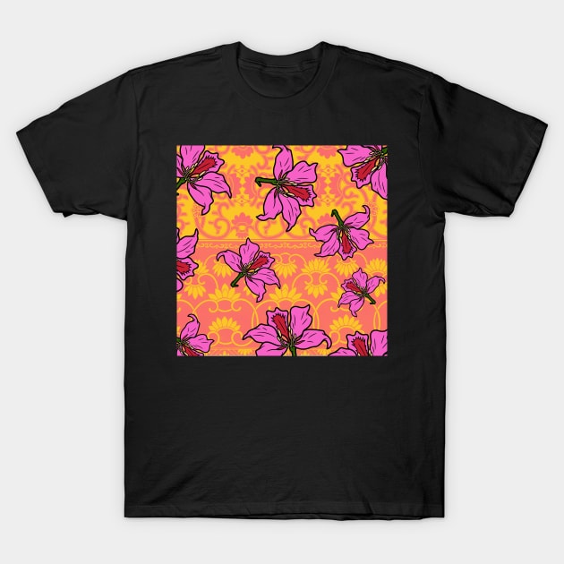 Bauhinia Flower with Orange & Pink Chinoiserie Pattern - Summer Flower Pattern T-Shirt by CRAFTY BITCH